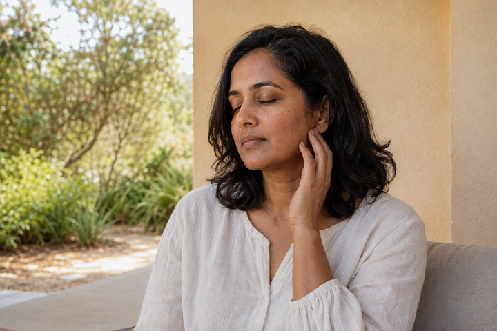 Woman pausing with relaxed shoulders and fingertips resting lightly beside her jaw