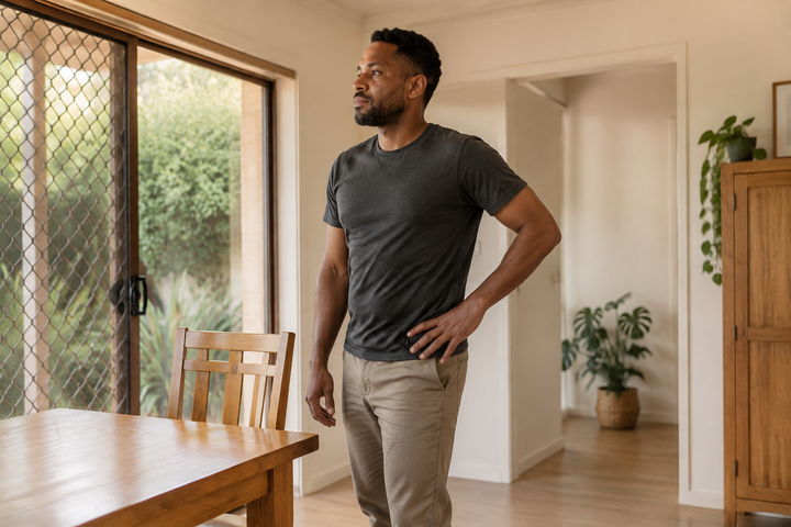 Man taking a standing movement break beside a chair in a bright Australian home