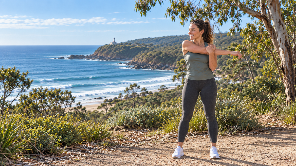 Woman stretching on a coastal trail
