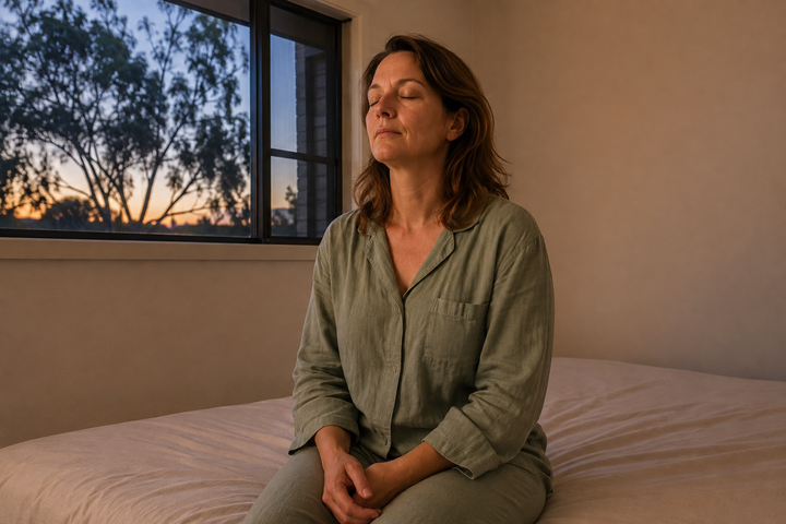 Woman taking a quiet evening pause beside an open bedroom window in an Australian home