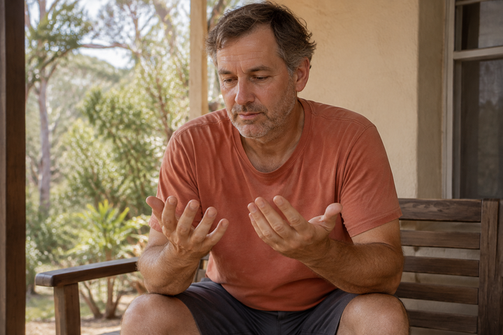 Adult gently opening their hands during a pause on an Australian verandah